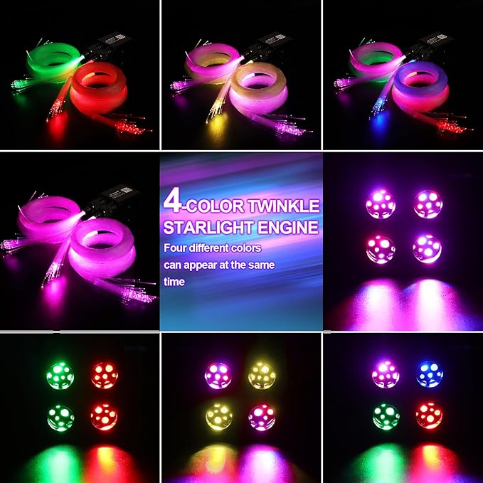 36W 4-Color RGBW Car Starlight Headliner Kit, 1000pcs0.03in9.8ft, Twinkle & Sound Activate 4-Port Fiber Optic Light Engine with Bluetooth APP&Remote Control, Star Lights for Car and Home