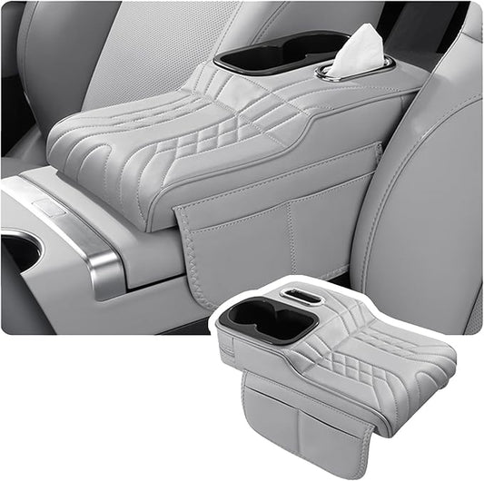 Car Armrest Storage Box for Infiniti QX60 2013–2025 2020 2021 2022 2023 2024, Sport-Style Center Console Organizer with Side Pocket, PU Leather Armrest Cushion, Elbow Support Pad,C Grey