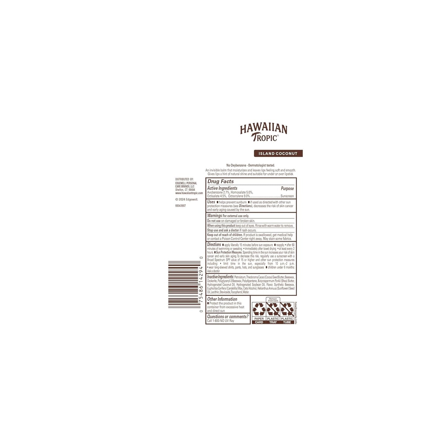 Hawaiian Tropic Lip Sunscreen SPF 30, Island Coconut | SPF Lip Balm, Beach Essentials, Travel Size Sunscreen for Lips, 0.3oz