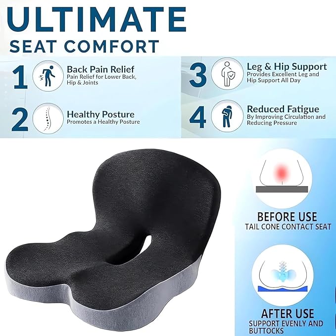 L-Shaped Memory Foam Seat Cushion with Lumbar Support-Ergonomic Car & Office Chair Cushion for Sciatica, Coccyx & Back Pain Relief Supports Hips & Back for Drivers & Long Sitting (Dark Grey)