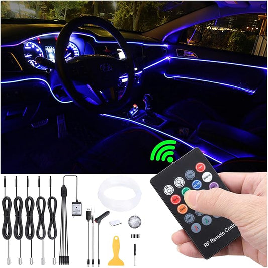 Car Ambient Lighting Optic Fiber 8 Colors Music Sound Active with RF Remote Control Car Decorative Atmosphere Lighting Kit DC 12V 1W 6m