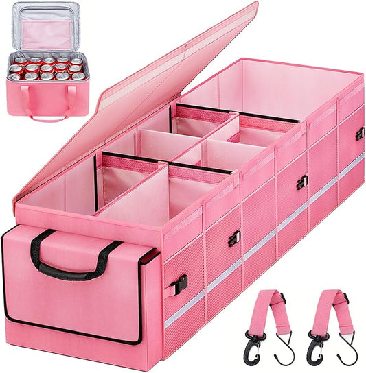 Car Trunk Organizer and Storage with Lid & Removable Leakproof Cooler Bag, Car Accessories 6 Removable Dividers for Custom Space, Collapsible Large Trunk Organizers Interior for SUV & Sendan, Black