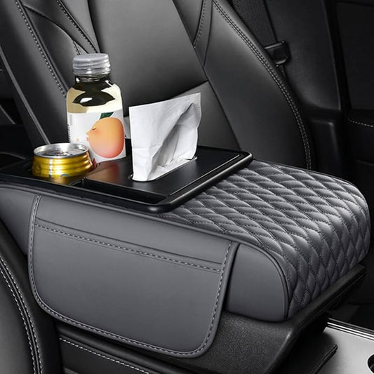 Car Center Console Armrest Pad, Arm Rest Box Cushion with Ergonomic Height Boost, Storage Pockets, Built-in Tissue Box, Cupholder, Fit for Most Sedan Vehicles (Embroidery Water Ripple, Grey)
