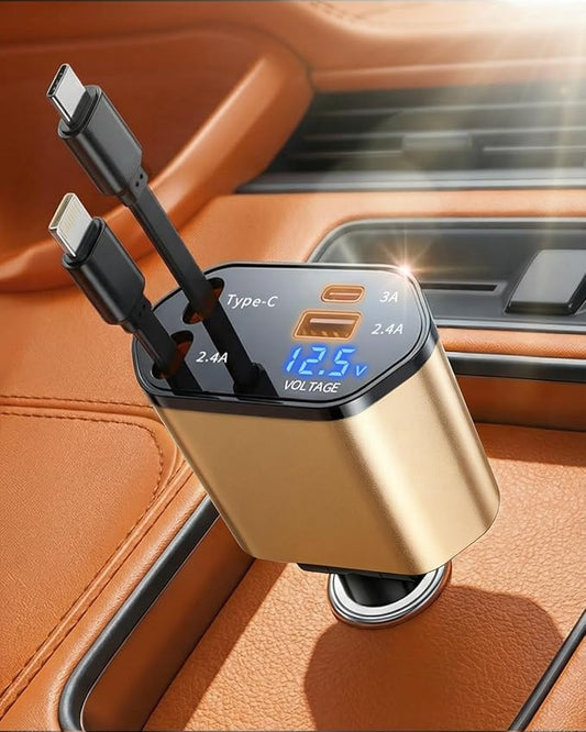 2026 MimAuto 4 in 1 Retractable Car Charger, Car Charger USB C Fast Charger, Car Charger for iPhone 17/16/15/14/13, Samsungs, Tablets, Dash cams, Switch, Gold Car Accessories for Men Women