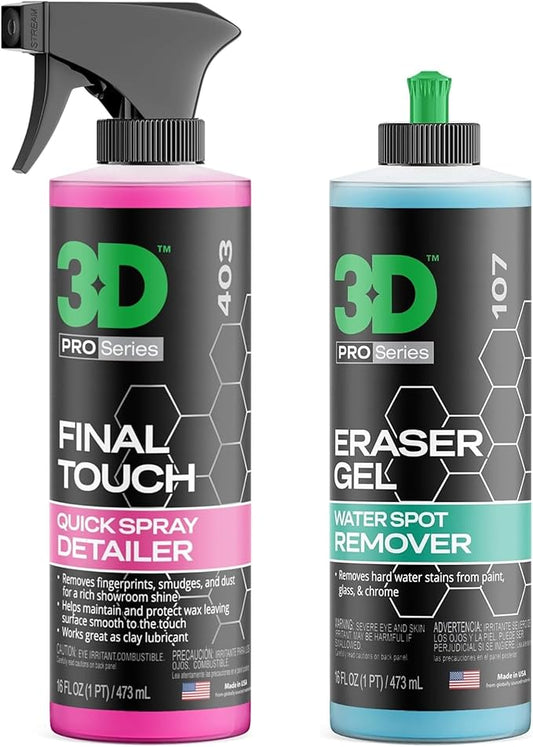 3D Final Touch & Eraser Gel Bundle – Quick Detail Spray + Hard Water Spot Remover – High Gloss Shine + Paint Safe Water Spot Cleaning – 16oz Each