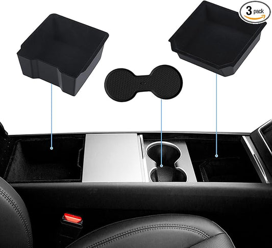 Center Console Organizer for 2026 Tesla Model Y Juniper Accessories & Model 3 Highland 2026-2024 Flocked Storage Organizer Set Center Console Box, Armrest Box and DIY Cup Mat