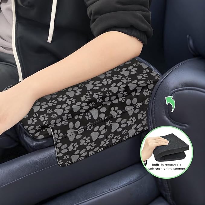 Dreaweet Grey Dog Paw Center Console Armrest Pad Cover Thick Center Console Cover with Pockets Cute Car Accessories for Women Soft Anti-Scratch Arm Rest Cover for Car Center Console Universal Fit