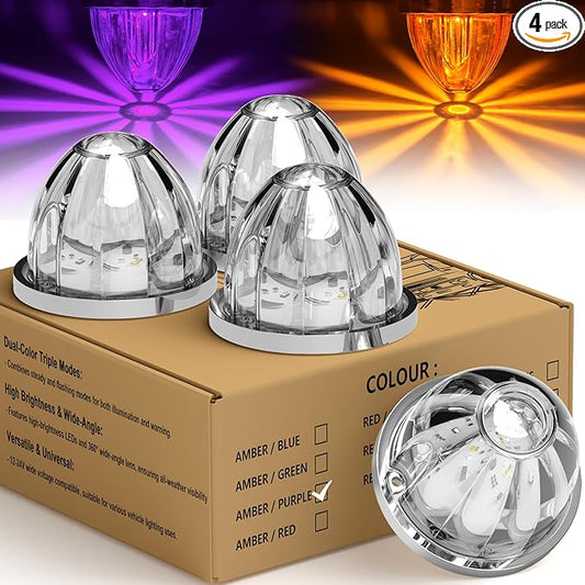 4-Pack Dual Color Watermelon Lights LED Strobe & Steady Cab Roof Clearance Marker Warning Lights Amber Purple Side Marker Lamp with Bezel for Truck Trailer RV Off-Road Vehicle