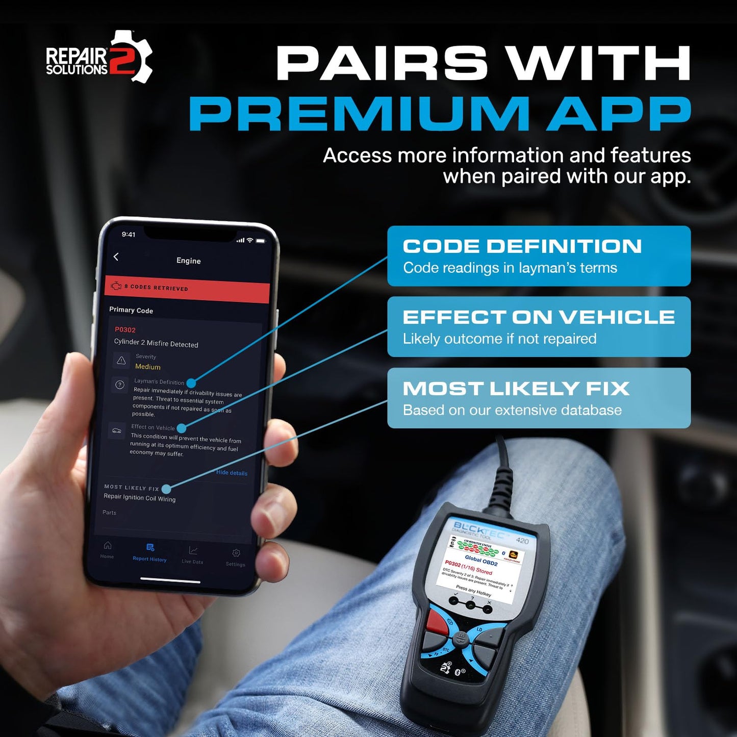 BLCKTEC 420 Bluetooth OBD2 Scanner Diagnostic Tool - Vehicle Code Reader for Car - Clears Check Engine Light - Comes with Premium OBD App On IOS & Android - Works For All Cars 1996 & Newer