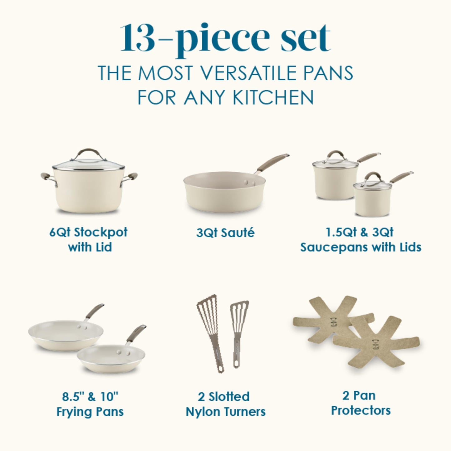 Rachael Ray Cucina Ceramic Nonstick Pots and Pans Set with Saucepans, Saute, Frying Pans, Stockpot, Lids, Pan Protectors, and Cooking Utensils, 13 Piece Non Stick Cookware Set - Almond