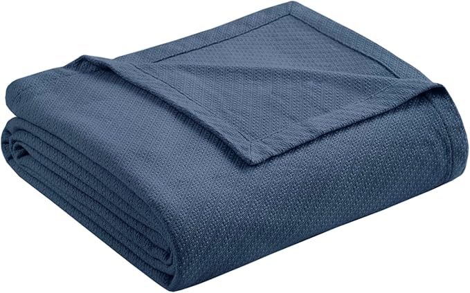 Madison Park Liquid Cotton Blanket Breathable, Softer Ring Spun Weave, Diamond Motif, Luxurious 100% Cotton All Seasons Lightweight Summer Blanket for Bed, Couch, Office, Navy, King
