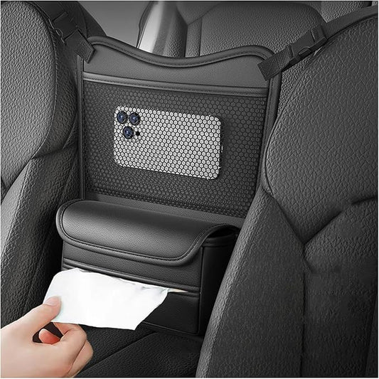 Car Organizer Storage Between Seats, Nappa Leather Auto Handbag Holder for Document Phone Storage, Large Capacity Automotive Console Pocket Purse, Car Accessories (Black)