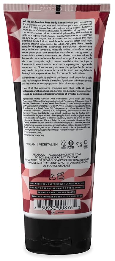 All Good Hand & Body Lotion - Moisturizing Organic Lotion for Dry Skin - Jasmine Oil, Cocoa Butter, Rosehip Oil, Arnica, Vitamin E - Non-Greasy Body Butter, 6 fl oz (3-pack, Jasmine Rose)