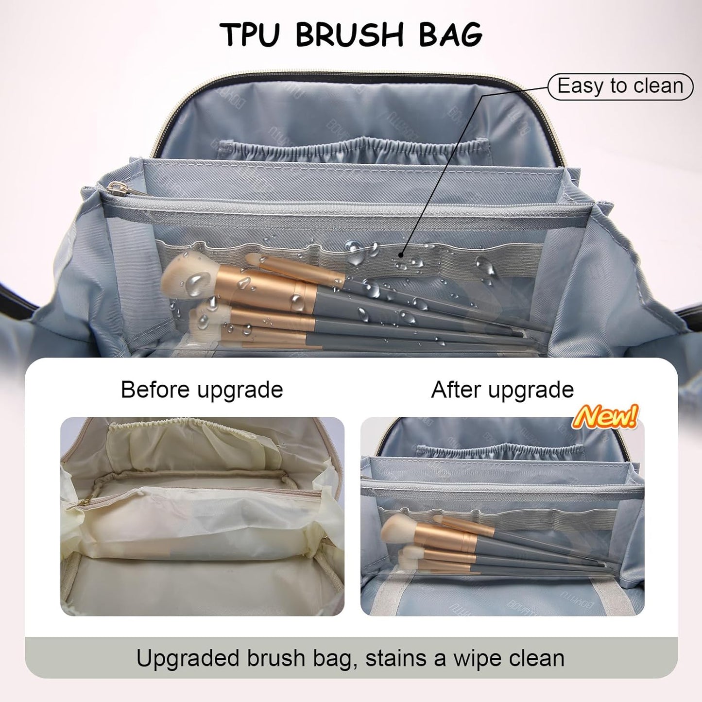 BOYATU Travel Makeup Bags Cosmetic Organizer Bag: 3-Set Large Capacity Make up Bag - PU Leather Toiletry Bags for Women - Wide Open Portable Pouch with Divider & Handle (03-Light Gray)