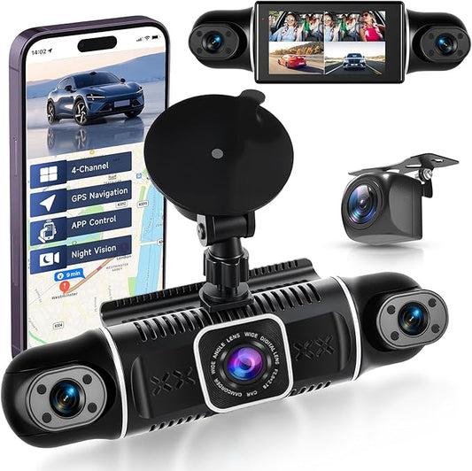 4 Channel Dash Cam Front and Rear Inside 360° Dash Camera for Cars 4 Channel Dash Cam Front and Rear Inside,IPS 4K/2K Dash Camera WiFi APP,G-Sensor 24/7 Parking Mode,170° Loop Recording