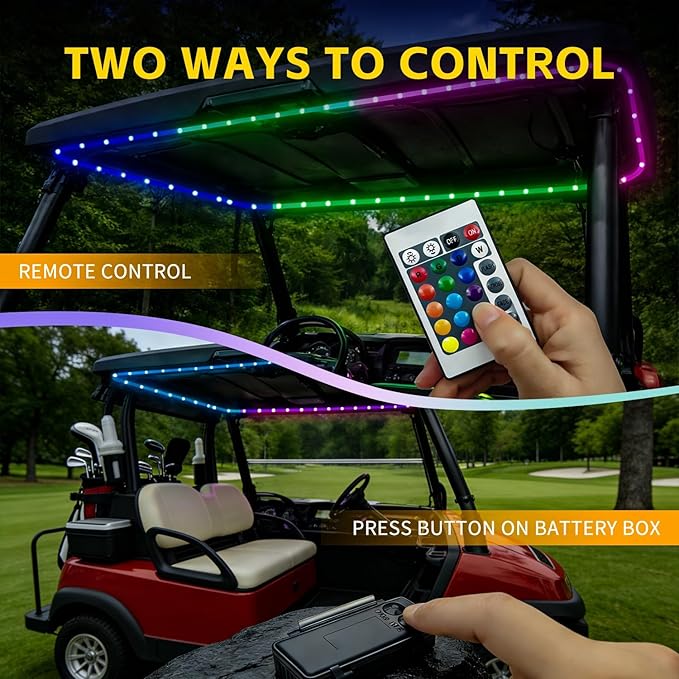 Battery Powered Golf Cart Canopy Lights, 2 Pack 4FT IP68 Fully Waterproof Golf Cart Roof Light Strip with Remote, Golf Carts Underglow RGB Led Strip Lights for EZGO Yamaha Marine Boat Kayak SUP UTV