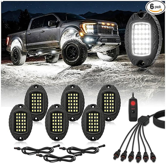 6 Pods Pure White LED Rock Lights, IP68 Waterproof Aluminum 6500K Bright White Underglow Light with Extension cord Harness,12V Metal Fender Lights for UTV ATV SXS RZR Car Golf cart Trucks Off Road Etc