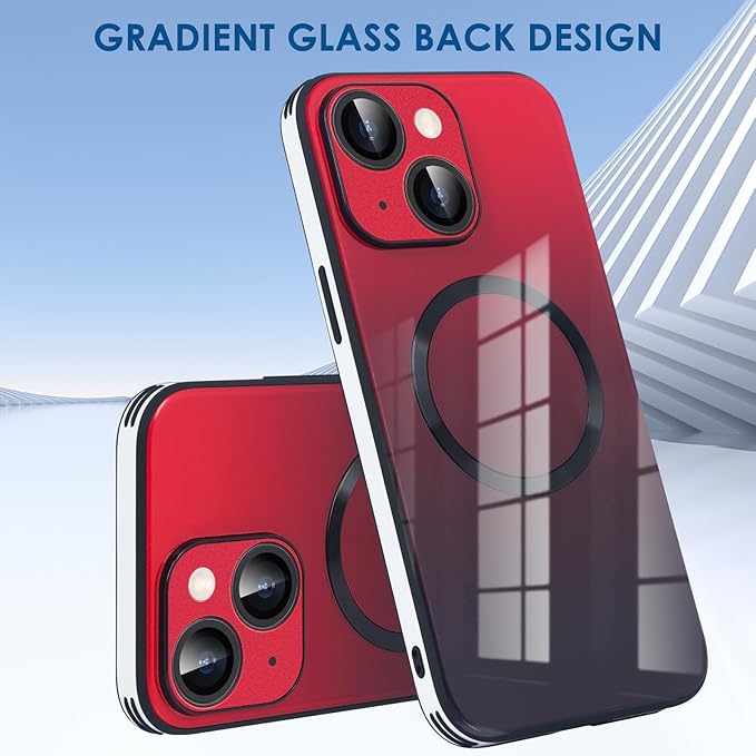 Guppy Compatible with iPhone 15 Case Magnetic, with Full Camera Lens Protector [Compatible with MagSafe] Scratch Resistant Gradient Glass Back Cover Phone Case-Red