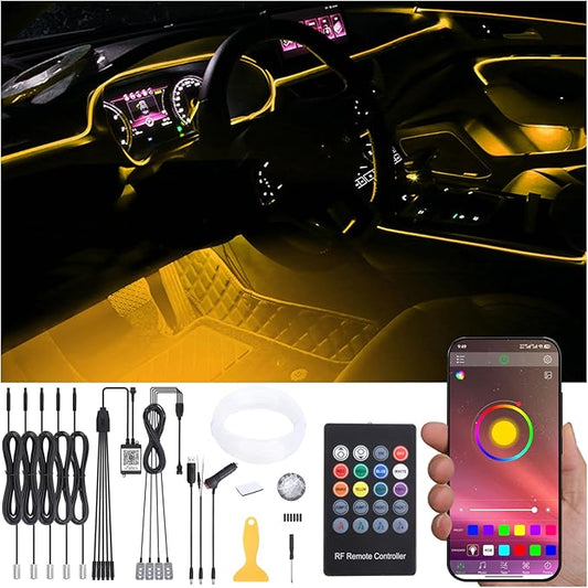 6 Meters Optic Fiber Car Ambient Lighting with Bluetooth App Control + RF Remote Control 64 Colors Multicoloured Music Interior Footwell Lighting Kit DC 12V 1W