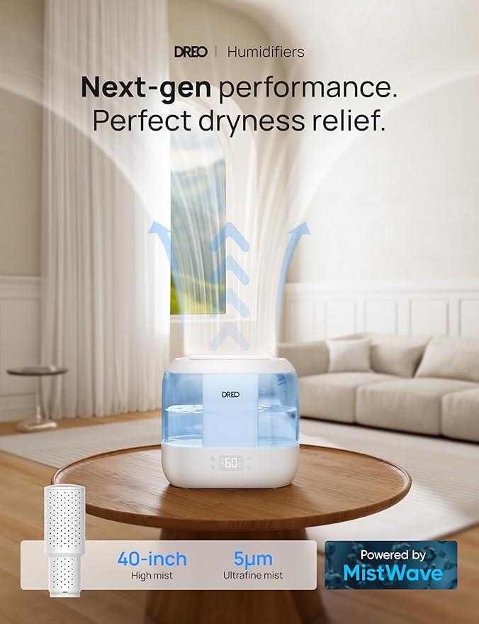 Dreo Humidifiers for Bedroom, Top Fill 4L Smart Cool Mist Humidifier with Oil Diffuser, Cartridge, Nightlight, 32H Runtime, Quiet Ultrasonic Humidifiers for Home, Baby Nursery, Plants, Office, HM311S