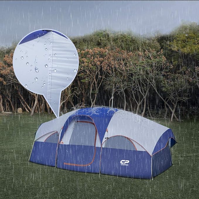CAMPROS CP Tent 8 Person Camping Tents, Weather Resistant Family Tent, 5 Large Mesh Windows, Double Layer, Divided Curtain for Separated Room, Portable with Carry Bag