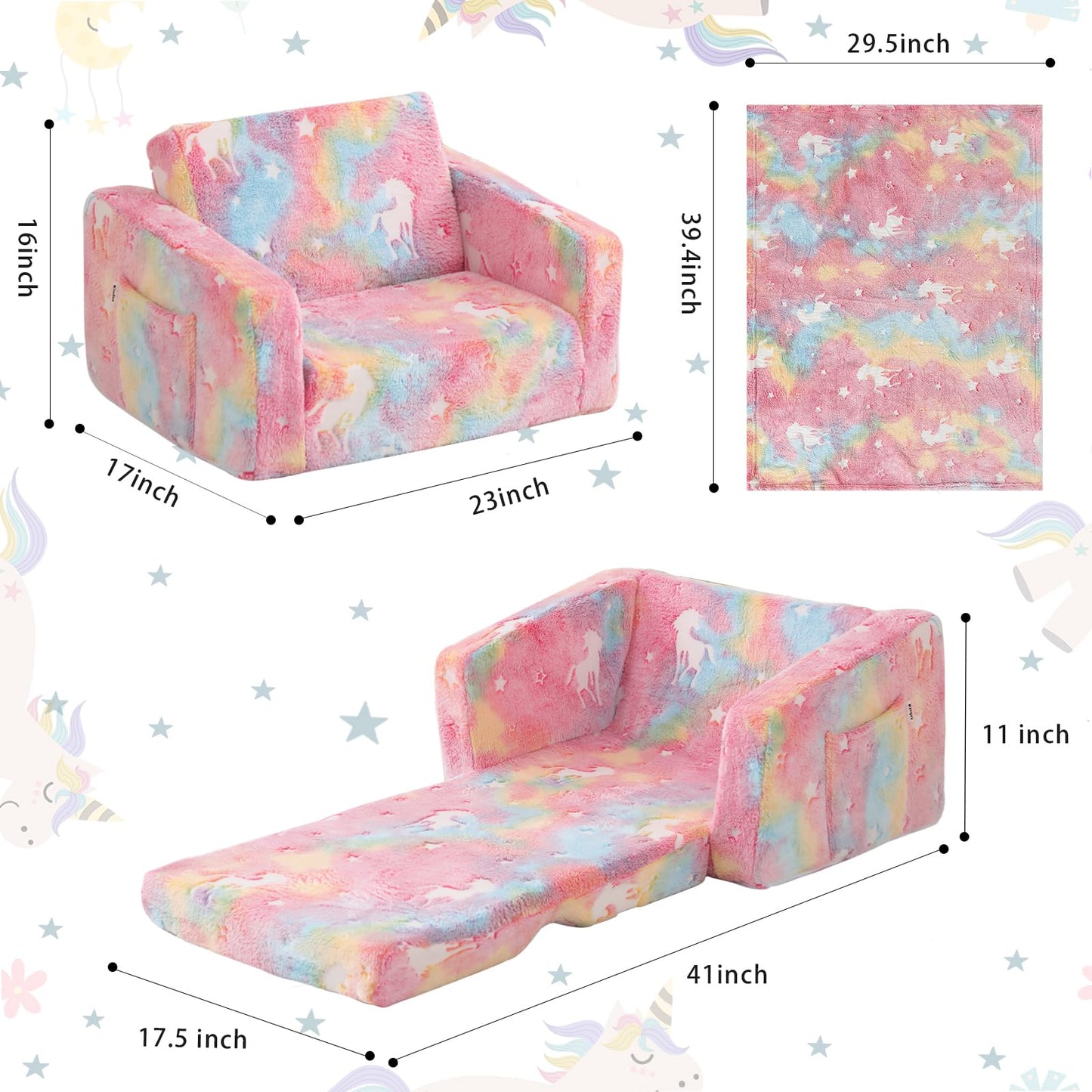 Kisdsa Kids Couch Fold Out, Foldable Toddler Couch with Blanket, Kids Sofa for Girls & Boys, Flip Out Toddler Chair, Convertible Sofa to Lounger for Children Age 1-3 (Glow Pink)