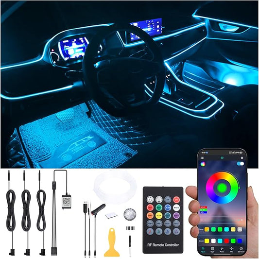 Car Atmosphere Light Kit 4m Fiber Optic RGB Multicolor Sound Active Music Sync Memory Function RF Remote Controller + Bluetooth APP Control 64 Colors USB Car Interior Ambient Lighting Kit 12V