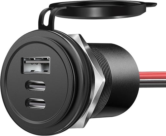 72W 3 Port 12V USB Outlet, Dual PD3.0 Type-C & QC3.0 Aluminum Car Charger, Multi Port USB Power Socket Cigarette Lighter Replacement for RV Camper Truck Boat Golf Cart (1Pcs)