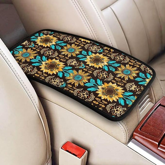 Car Center Console Cushion Pad Vintage Sunflower Yellow Universal Armrest Seat Box Cover Protector Aztec Floral Leopard Car Decor Accessories Fit for Vehicle, SUV, Truck, Sedans