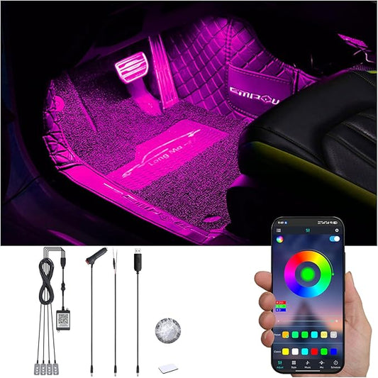 Car Footwell Interior Atmosphere Lights, Multicolor RGB Car Ambient Lighting Kit, DIY Mode Sound Active Music Sync, APP Control DC 12V