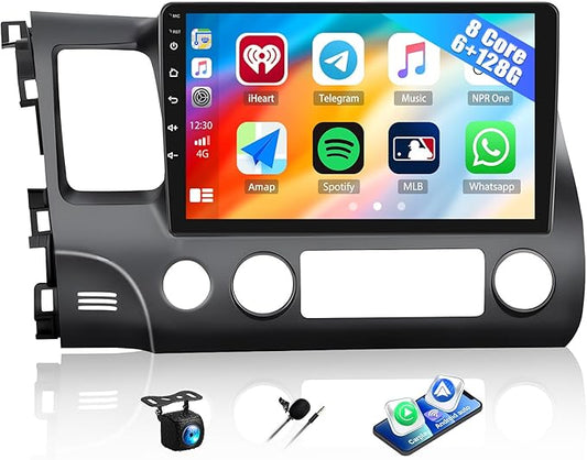 6+128G 8 Core Android 15 Car Radio Stereo for Honda Civic 2006 2007 2008 2009 2010 2011 with Wireless CarPlay Android Auto, 10.1'' Touchscreen with WiFi GPS Mirror Link Bluetooth FM RDS DSP EQ SWC