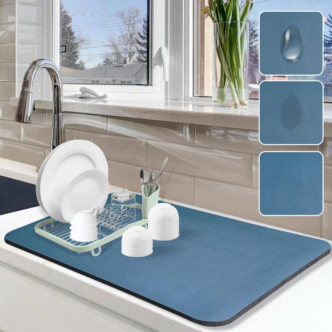 Dish Drying Mat for Kitchen Counter, 16"x24" Dish Drying Pad with Non-slip Rubber Backed, Hide Stain Anti Absorbent for Kitchen Counter, Drying Mat for Coffee Machine Dish Rack (Blue)