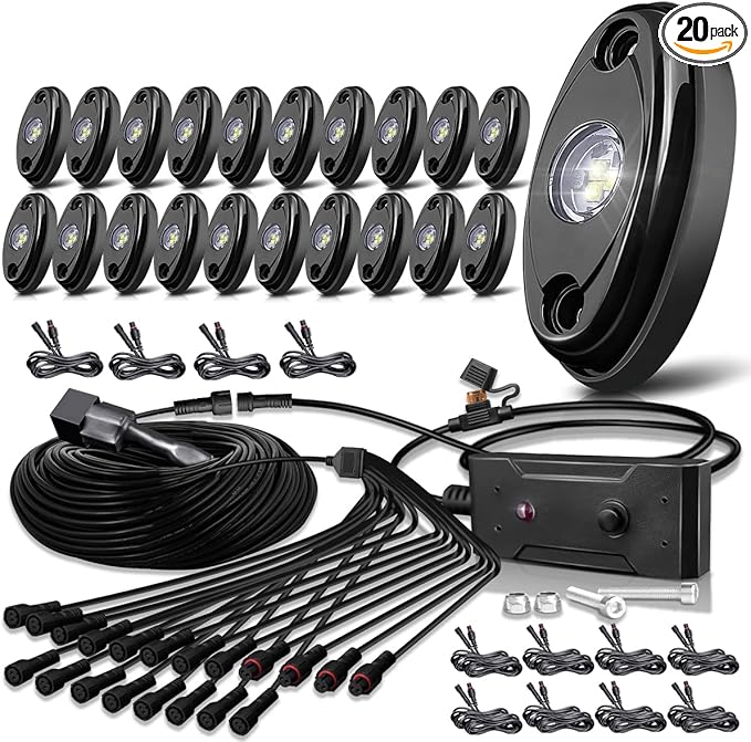 White Rock Lights,LEDMIRCY R1 Pure White LED Rock Lights Kit with Switch Wire Harness 20PCS for Trucks Off Road Boat Underglow Light Trail Rig Lights High Power Under Body Waterproof Shockproof Light