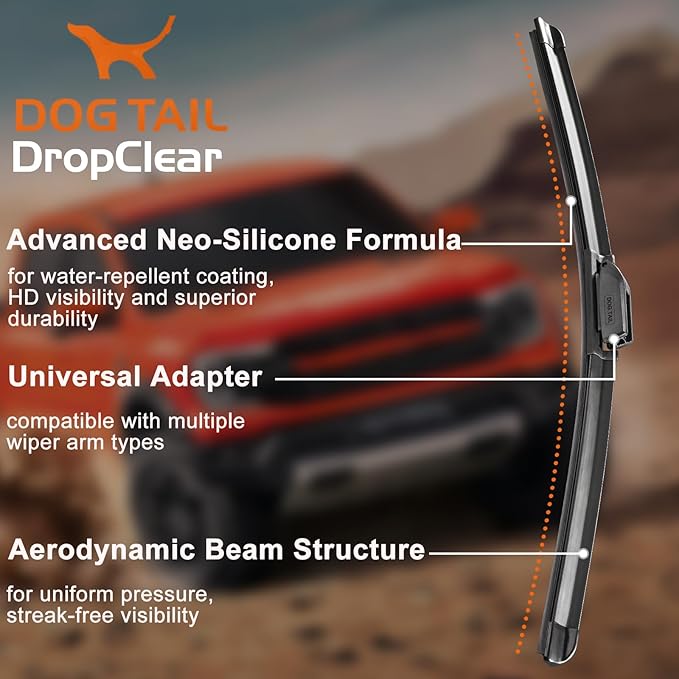 DOG TAIL Water Repellent Silicone Wiper Blades 24" 24" Set with Multiple Adapters and 2 Refills, Automotive Replacement Front Windshield Wiper Blades for My Car with Water Repellency Formula DropClear
