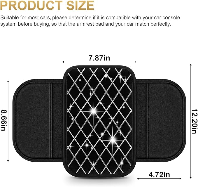 Bling Center Console Cover with 2 Side Pockets Fit for RAV4 Multi-Functional Car Armrest Cushion Diamond-Studded Rhombus Pattern Style(Black&Silver Diamond)