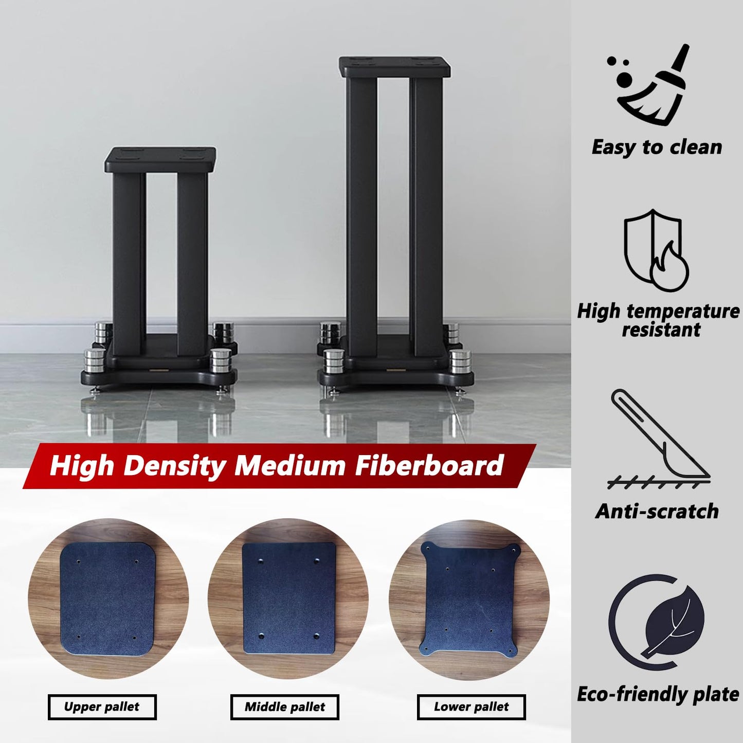 A Pair of Universal Speaker Stands, Heavy Duty Speaker Stands Holds Bookshelf Speaker Satellite Speaker Large Speaker, Vibration-Absorbing MDF Design, Holds 88lbs Speaker (Black, 50cm/19.6in)
