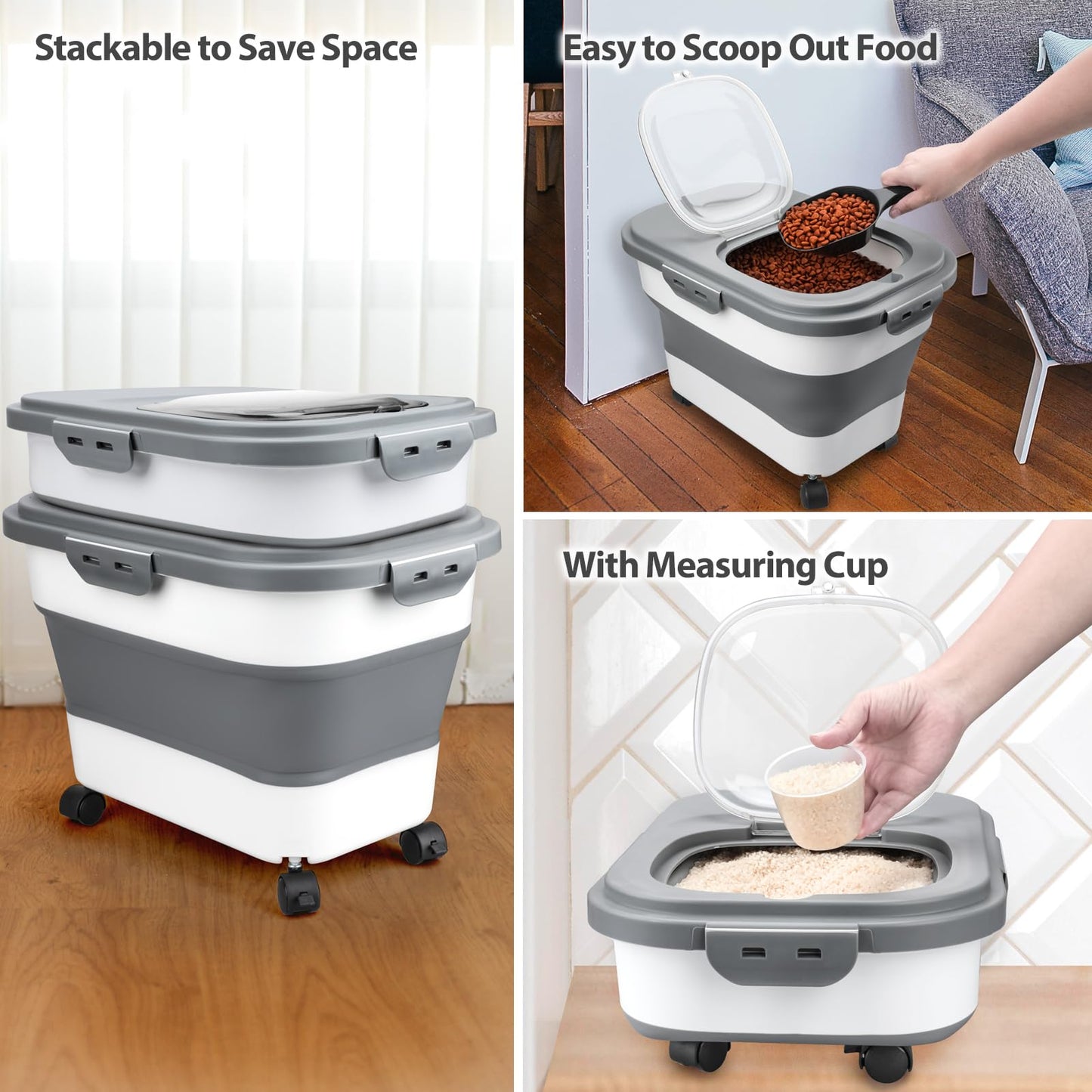 Viretec Dog Food Storage Container, 5-20Lbs Collapsible Pet Food Storage Containers with Rolling Wheel Airtight Locking Lid, Dry Food Storage Bin with Cup and Scoop,Suitable for Pet Food, Rice, Flour