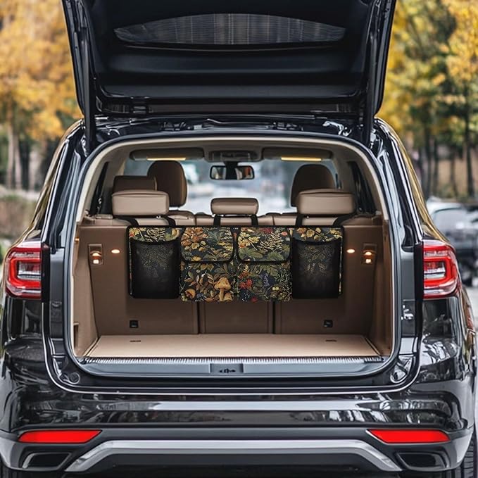 Mushroom Car Trunk Organizer with 4 Pockets, Hanging Car Backseat Storage Bag with 3 Adjustable Straps, Car Interior Accessories for SUV, Truck,Van