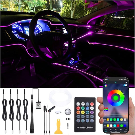 Car Interior Strip Lights, 4 in 1 Multicolor RGB Car Ambient Lighting Kit, 4m Fiber Optic EL Neon Tube Light, DIY Mode Music Sync RF Remote Control + APP Control DC 12V