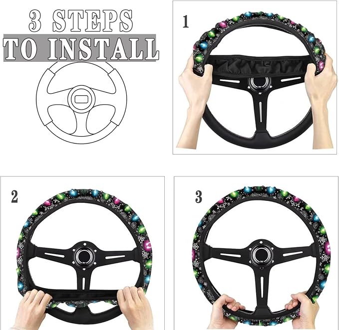 AFPANQZ Christmas Steering Wheel Covers Xmas Lights Print Car Steering Wheel Cover Universal Fit Almost Car Non-Slip Steering Wheel Covers Soft Sweat Absorbing Steering Wheel Protector Cover