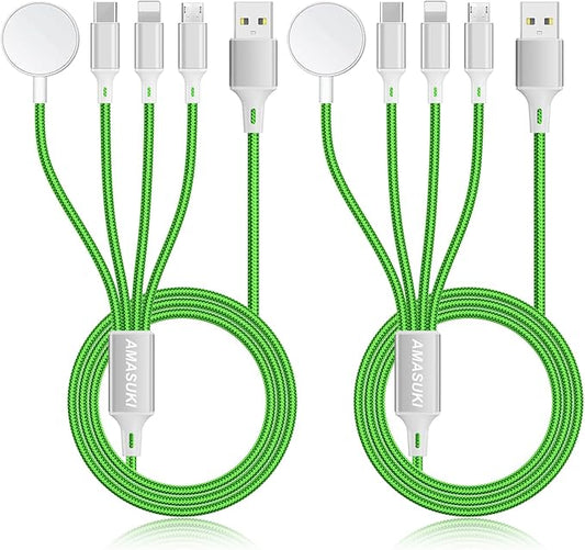 2Pack Multi Charging Cable for Apple Watch Charger 4 in 1 Travel Essentials RV Camping Essentials USB C/L/Micro Compatible with iWatch Series 11-1/iPhone 17/16/15/Android Airplane Gadgets-4FT/Green