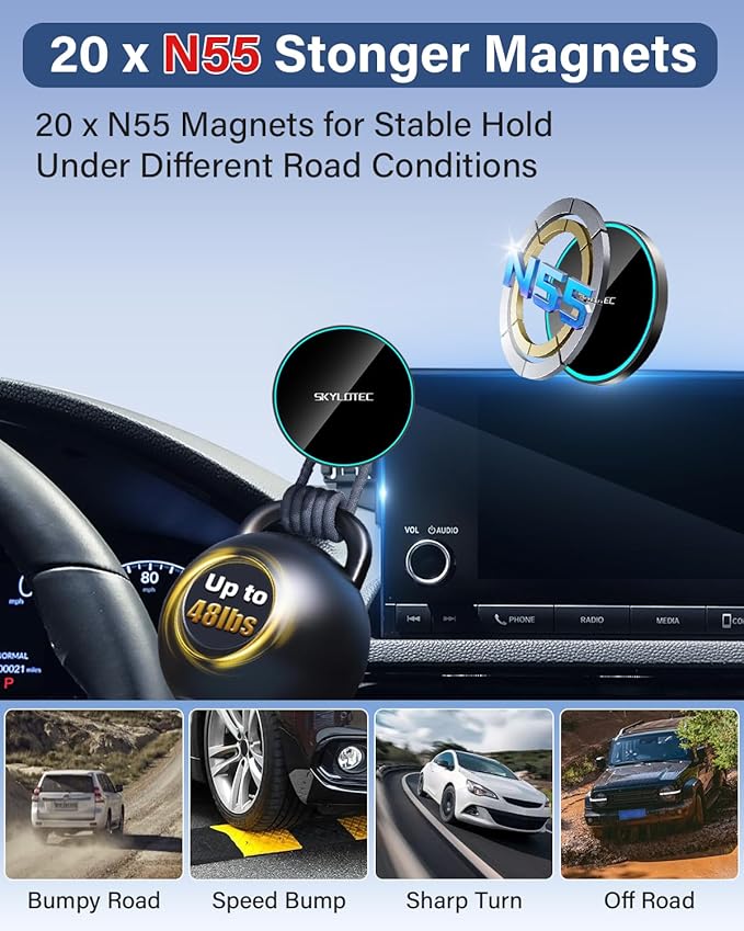 SKYLOTEC Phone Holder for 2021-2025 Ford Mustang Mach E Accessories 15.5-Inch Screen Fixed Clip, Car Magnetic Phone Mount Compatible with MagSafe, Magnets 15W Fast Wireless Charger Cell Phone Base