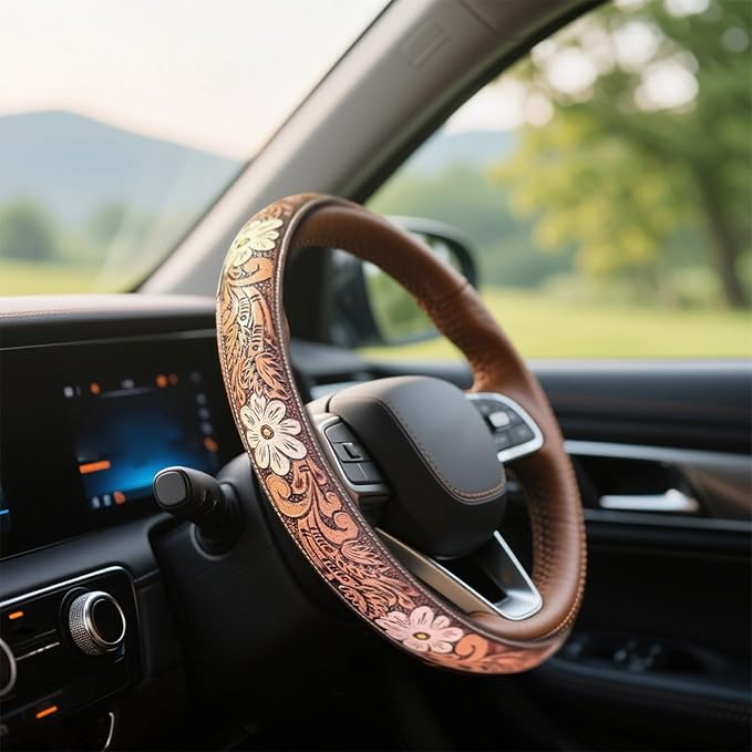 Retro Western Cowboy Car Universal Steering Wheel Cover, Embossed Handcrafted Tooled Leather Western,Anti Slip, Auto Interiors Accessories,Breathable for Trucks SUVs Cars (E)