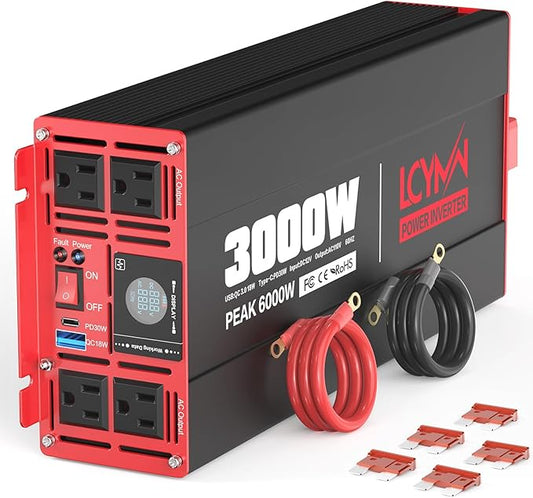 3000 Watts Power Inverter DC 12V to AC 110V/120V 6000W Peak Inverters with 4 AC Outlets Type-C PD30W/QC3.0 18W USB Fast Charging Port with LCD Display for Vehicles Home RV Car Solar Off-Grid Converter