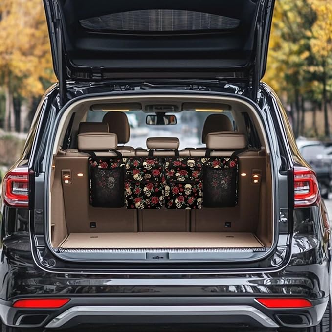 Skull Rose Car Trunk Organizer with 4 Storage Bags Hanging Waterproof Car Back Seat Organizer for SUV,Truck,Van Collapsible Cargo Bag