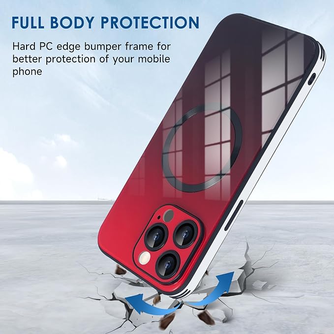 Guppy Compatible with iPhone 16 Pro Max Case Magnetic, with Full Camera Lens Protector [Compatible with MagSafe] Scratch Resistant Gradient Glass Back Cover Phone Case-Red