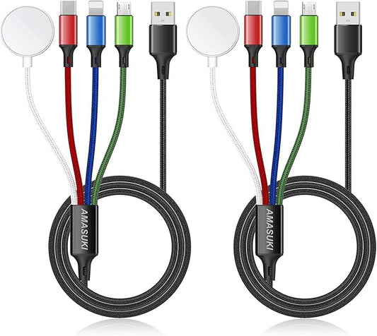 2Pack Multi Charging Cable for Apple Watch Charger 4 in 1 Travel Essentials RV Camping Essentials USB C/L/Micro Compatible with iWatch Series 11-1/iPhone 17/16/15/Android Airplane Gadgets-4FT