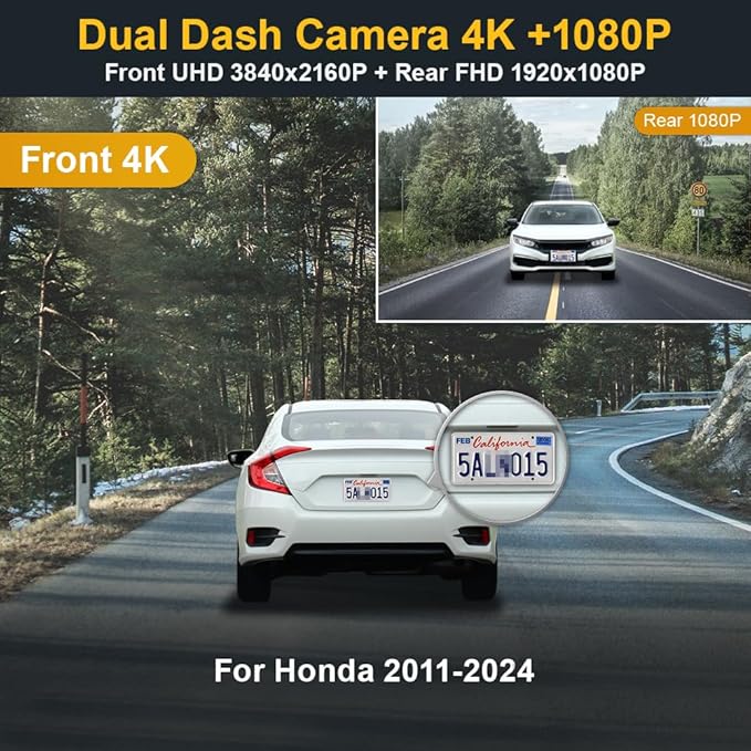 Fitcamx Front 4K+Rear 1080P Dash Cam Suitable for Honda 2011-2024 Vehicle Styles (Rectangle Dome Light), OEM Look, Dual HD Video, Built-in WiFi, Loop Recording, G-Sensor, Easy to Set, 128GB Card