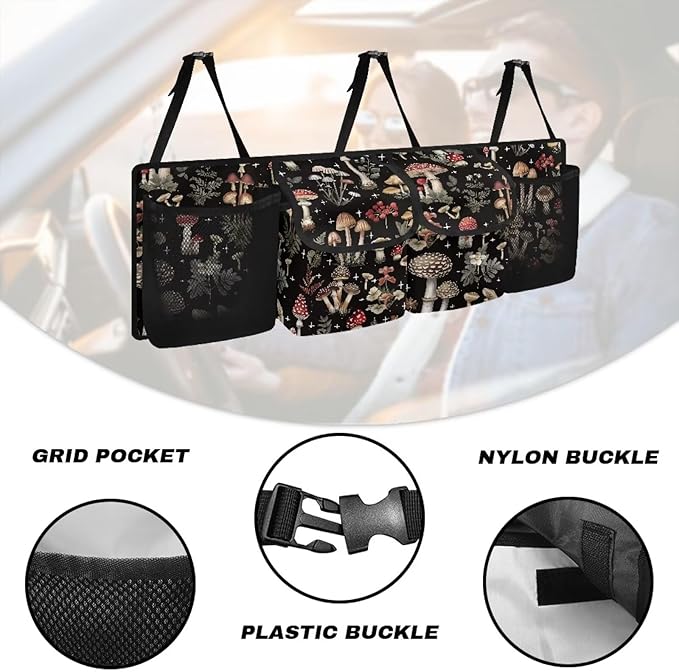 Mushroom Print Car Trunk Organizer, Backseat Hanging Large Storage with Adjustable Straps & 4 Pockets, Waterproof Foldable Cargo Bag, Car Interior Accessories