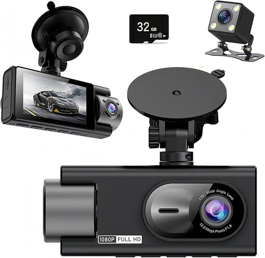 3 Channel 360 Dash Cam Front and Rear and Inside with 32G Card,1080P Dash Camera for Cars,Night Vision,3.0" IPS Screen,170° Wide Angle,Loop Recording,24H Parking Mode